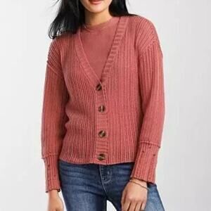 BKE Buckle Pink Button Up Knit Pointelle Tank & Cardigan Sweater Set Medium